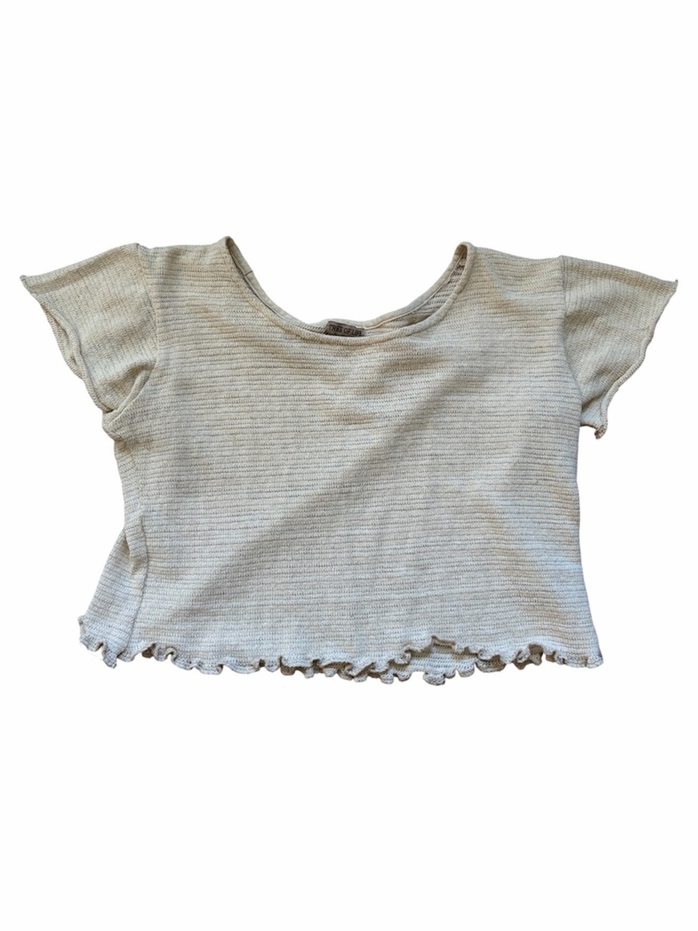 Tree of Life Boho Cotton Cream Beige Knit Cropped Top Crochet Ruffle Hem Summer